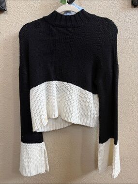 Derek Heart Black and White Colorblock Cropped Turtleneck Sweater